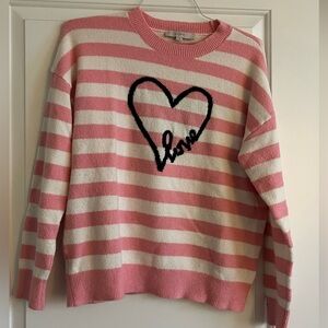 Loft Pink and White Striped Sweater with Heart Design